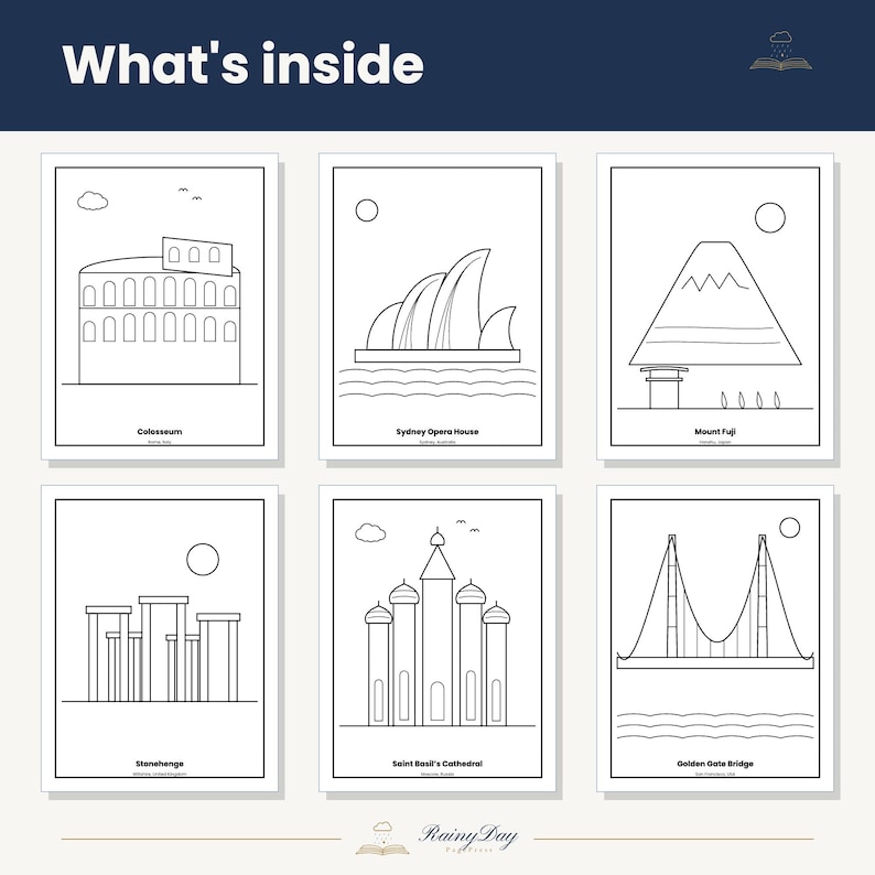 World Landmarks Colouring Book Printable, 12 Famous Buildings With ...