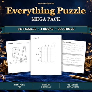 Peut inclure: Everything Puzzle Mega Pack par Rainydays Pagepress comprenant 500 puzzles répartis en 4 livres avec solutions. L'ensemble inclut des pages PDF imprimables de mots mêlés, nonogrammes et cryptogrammes au format US Letter pour impression.