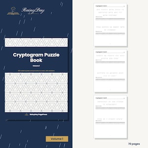 Op de afbeelding: Een donkerblauw cryptogrampuzzelboek getiteld Cryptogram Puzzle Book Volume 1 met een wit geometrisch driehoekspatroon. De omslag bevat de tekst RainyDay PagePress en 100 coded quotes and proverbs to crack, with solutions. Drie binnenpagina's tonen gecodeerde tekst en lege lettervakjes.