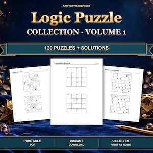 May include: A digital logic puzzle collection titled Logic Puzzle Collection Volume 1 by Rainydays Pagepress. The document contains 120 puzzles and solutions, featuring grids for Futoshiki, Calcudoku, and Binary puzzles on white pages.