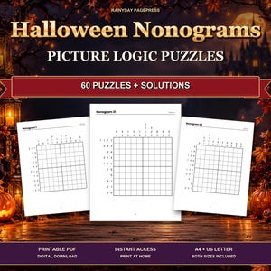 Libro de puzles Nonogram para imprimir, 60 puzles de lógica visual con soluciones, portada de Halloween, Picross en PDF, tamaño carta estadounidense A4