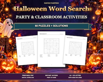 Halloween Word Search Party Printable, 60 Spooky Puzzles for Kids and Adults, Halloween Party Game PDF, Classroom Activity, US Letter A4