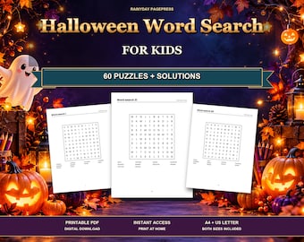 Halloween Word Search for Kids Printable, 60 Spooky Puzzles Ages 8-12 with Solutions, Activity Book PDF, Instant Download, US Letter A4