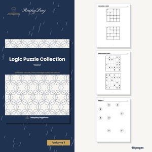 Pode incluir: Um livro Logic Puzzle Collection Volume 1 com uma capa azul-escura apresentando um padrão de estrelas brancas e o texto "RainyDay PagePress". As páginas internas exibem vários quebra-cabeças lógicos, incluindo Calcudoku, binários e pontes, 98 páginas.