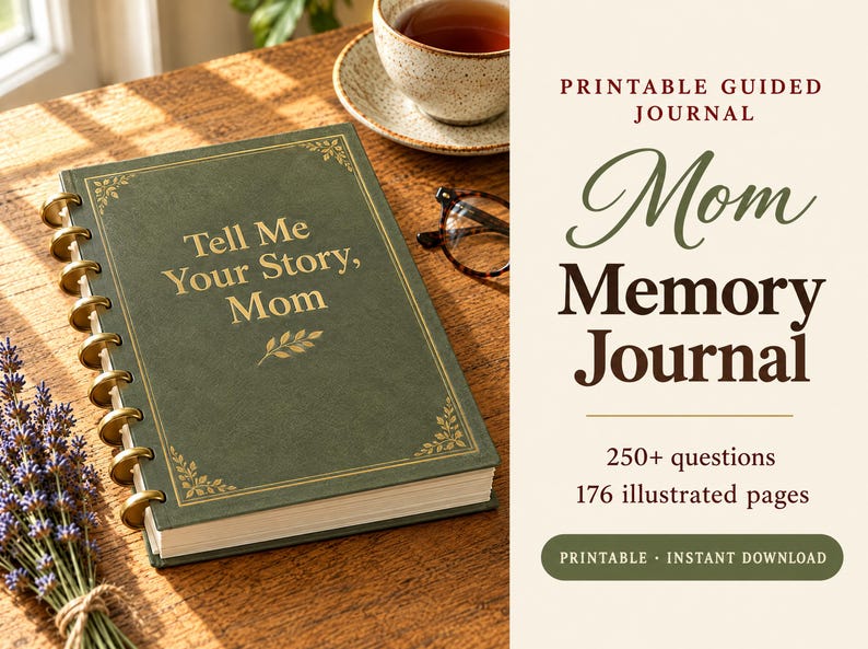 Tell Me Your Story Mom Memory Journal, Printable Mother Life Story Book, 250+ Questions, Guided Journal Gift for Mom from Daughter Son image 1