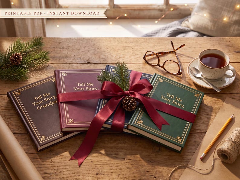 Four Tell Me Your Story memory journals tied with a red ribbon as a Christmas gift