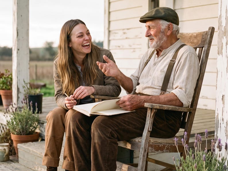 Filling in the Tell Me Your Story, Grandpa journal together