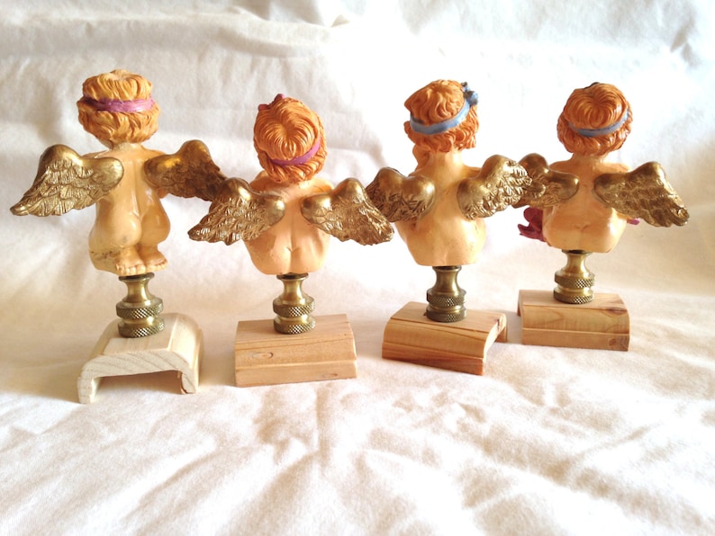4 Cherub Angel Lamp Finials Toppers Cast Resin Holiday Occasional Figurines on Standard Brass Swivel Bases Lot of