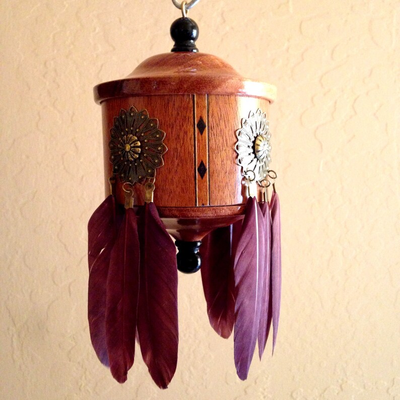 Turned Wood Southwest Christmas Ornament Mahogany with 12 Brown Feathers and Diamond Inlay Banding