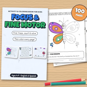 Könnte beinhalten: Ein Aktivitäts- und Malbuch für Kinder mit dem Titel Focus & Fine Motor mit 100 Seiten. Das Cover zeigt Text sowie Illustrationen von Schmetterlingen, Labyrinthen und Blumen. Die Innenseiten zeigen eine Schmetterlings-Zeichenaufgabe.
