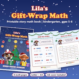 Può includere: Libro di matematica stampabile Lila's Gift-Wrap Math per la scuola dell'infanzia, età 5-6 anni. La copertina mostra un lemure e una mucca highland con regali, un albero di Natale e simboli matematici. Include pagine di addizioni e labirinti.