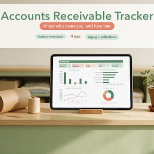 Può includere: Una dashboard digitale Accounts Receivable Tracker visualizzata sullo schermo di un tablet. L'interfaccia presenta visualizzazioni di dati tra cui grafici a barre, grafici a linee e un grafico a torta, con etichette di testo come Dashboard e Open Balance.