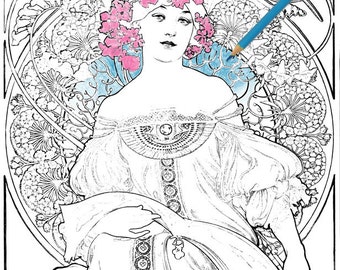 Alphonse Mucha Art Nouveau Vintage Printable Coloring Pages