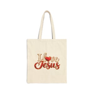 I Love Jesus Tote Bag | Christian Canvas Shopper, Heart Script Faith Design
