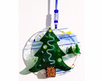 Forest Green Tree Ornament, Kiln Fired Fused Glass with Beads. Christmas Evergreen Pine Free shipping, gift boxed.
