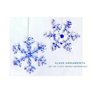 Snowflake Ornaments, Fused Glass Suncatchers. Set of 2. Blues, Cobalt & White. Celebrate with decor for Hanauka or Christmas. 2 gift boxes.