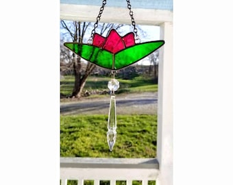 Pink Glass Flower. Suncatcher, Handmade by Me using Vintage Blown Glass. Lotus Shape. Nice Window Hanging Gift for Mother or Special Friend.