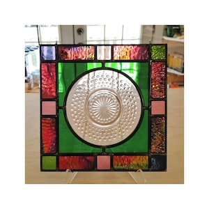 Pink Stained Glass Window Hob Nail Saucer/Depression Era vintage plate, displayed in traditional lead came 10&quot;×10&quot; includes gift wrap