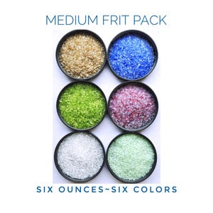 Frit Glass, Fusible Crushed. Bullseye Coe 90. Art glass & Jewelry Supply. 6 ounces, 6 colors. Kiln fire or glue for Mosaics. Medium sized.