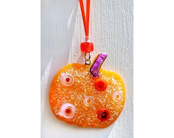 Fused glass Pumpkin Ornament. Gift tag, pendant, window hanging. Halloween decor, fall suncatcher. Purse, lanyard charm. Free shipping.