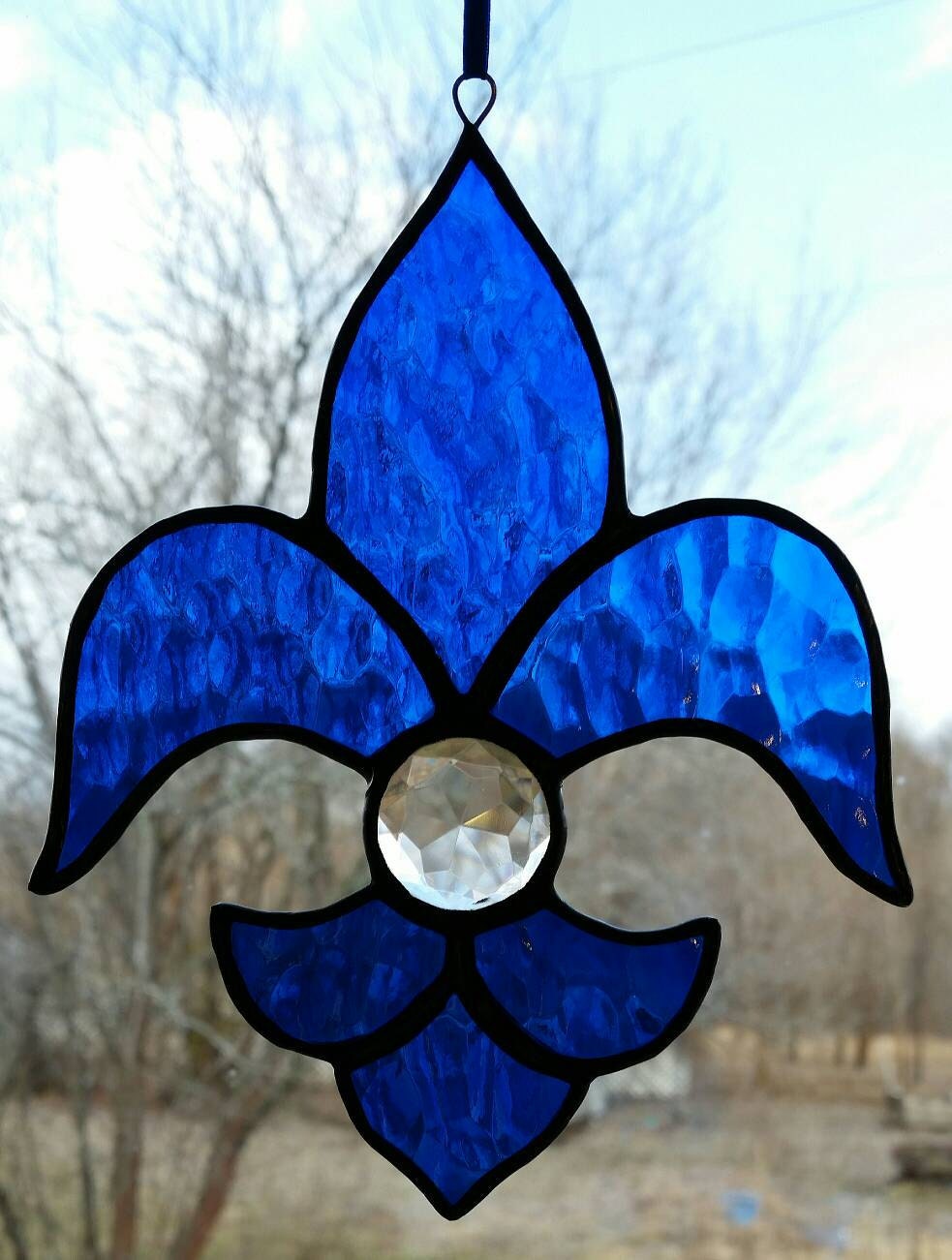 Leaded Stained Glass Fleur de Lis with Clear faceted Jewel Etsy