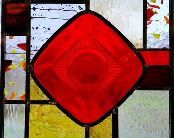 Red Vintage Saucer, Stained Glass. Mid Century Modern Aesthetic. Window Hanging. Red Kitchen Decor, Dining. 10"x10" or 10"×12" sold separate