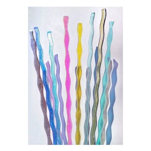 Dichroic Sheet Glass. Fire Strips on Clear each 8&quot; long. Coe 90 Fusible Glass, Jewelry accessories. 4 pieces, wavey shapes. Mixed Pack.