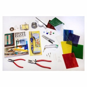 Stained Glass Beginner Tool Kit with Hakko Soldering Iron, Palm Grip Cutter, Colorful Glass Sheets, Instruction Book, Supplies. 1-3 day ship