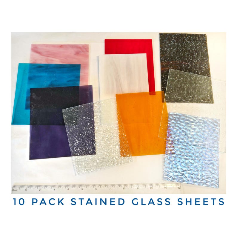 Variety Pack Stained Glass Sheets. Smooth & Textured, diy easy to cut. Wissmach, Spectrum, Misc. Colorful 4"× 6"+- for Suncatcher making. bild 1