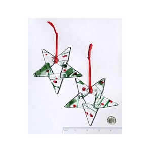 Christmas Tree Decor, Fused Glass Stars. Holiday Ornaments Set. Kiln fired Holly Berry Glass. Each gift boxed, free shipping to one address.