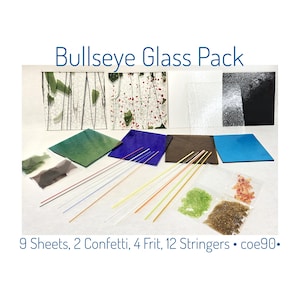 Bullseye Fusible Glass Pack. 9 Sheets, Frit, Stringers & Confetti. Microwave Kiln Jewelry. Great assortment for artist gift. Coe 90