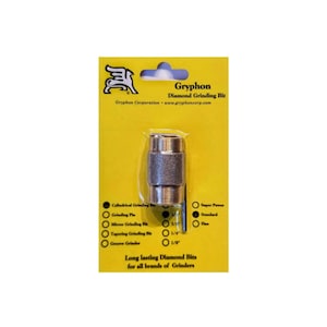May include: A yellow and black package with a Gryphon Diamond Grinding Bit. The package lists different types of grinding bits, including cylindrical, grinding pin, mirror, tapering, and groove grinder. The package also lists the sizes of the bits, including 1/8 inch and 1/4 inch. The package says "Long lasting Diamond Bits for all brands of Grinders."