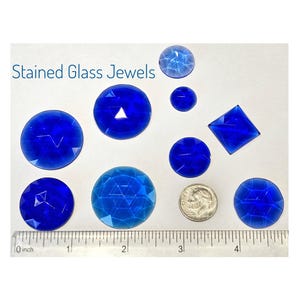 Blue Jewels for Stained Glass, Vintage Faceted Gems for copper foil or lead came projects, 9 total in assorted sizes & shapes.