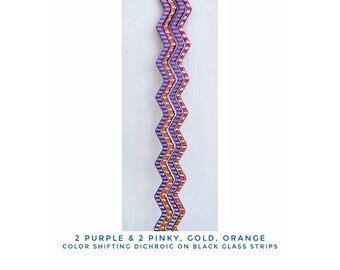Dichroic Sheet Glass. Bright Purple, Pink Orange on Wavy Black Glass. 4 pieces, each 8" long. Coe 90 Fusible Glass. Jewelry accessories.