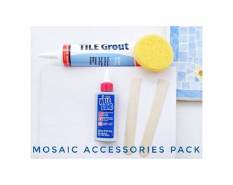 Diy Glass Mosaic, Acessories Pack. Premixed White Grout. Glue dries clear. 8"× 10" Wood Plaque w/ Lightly Primed White Front, Natural Back.