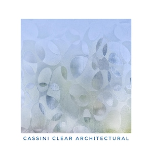 May include: A frosted glass window film with a repeating pattern of abstract leaves in shades of blue and gray. The film is designed for privacy and decorative purposes.  CASSINI CLEAR ARCHITECTURAL.
