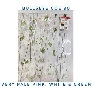 Bullseye Collage Stained Glass Sheets. Pale Pink, Green, White on Clear. Coe 90. 2 pieces each 5&quot;× 8&quot;. Beautiful Fractures & Streamers.