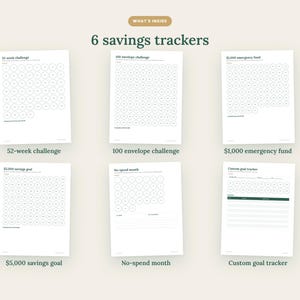 May include: A set of six white paper savings trackers with dark green text and circular icons. The sheets include a 52-week challenge, 100 envelope challenge, $1,000 emergency fund, $5,000 savings goal, no-spend month, and a custom goal tracker.