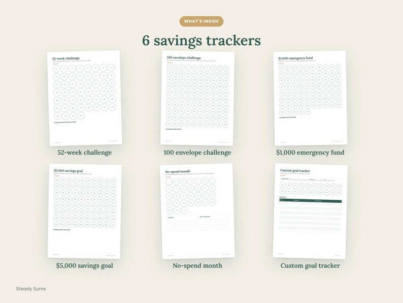 May include: A set of six white paper savings trackers with dark green text and circular icons. The sheets include a 52-week challenge, 100 envelope challenge, $1,000 emergency fund, $5,000 savings goal, no-spend month, and a custom goal tracker.
