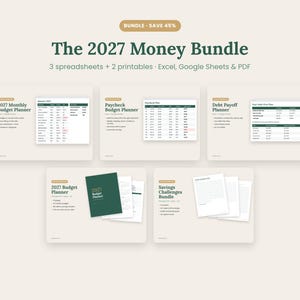 May include: The 2027 Money Bundle includes three spreadsheets and two printables compatible with Excel, Google Sheets, and PDF. It features a 2027 Monthly Budget Planner, Paycheck Budget Planner, Debt Payoff Planner, Budget Planner, and Savings Challenges Bundle.