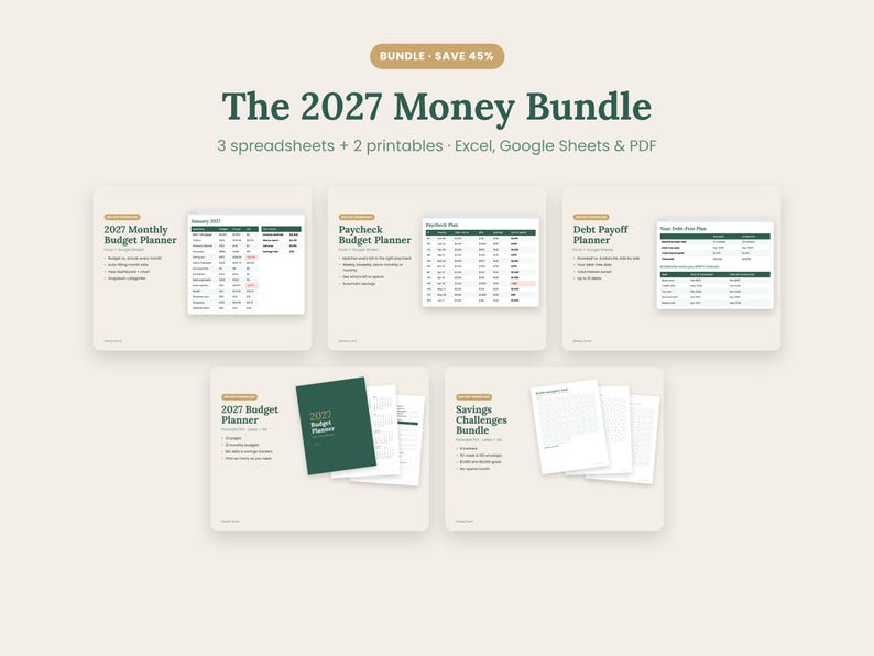 May include: The 2027 Money Bundle includes three spreadsheets and two printables compatible with Excel, Google Sheets, and PDF. It features a 2027 Monthly Budget Planner, Paycheck Budget Planner, Debt Payoff Planner, Budget Planner, and Savings Challenges Bundle.