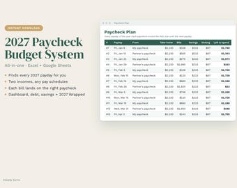 Sistema de hoja de cálculo para presupuesto por nómina de 2027, planificador de presupuesto quincenal en Google Sheets y Excel, seguimiento de facturas por nómina, plantilla de presupuesto para parejas
