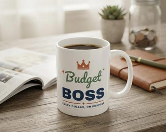 Taza Budget Boss, taza de café divertida para ahorrar dinero, regalo para ahorrar dinero, regalo de finanzas personales, taza de cerámica de 325 ml.