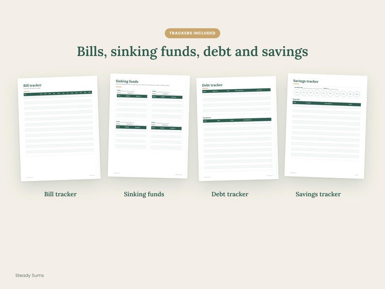 May include: Four white financial tracking sheets with dark green headers and text. The sheets are labeled Bill tracker, Sinking funds, Debt tracker, and Savings tracker. The text at the top reads Trackers included, Bills, sinking funds, debt and savings.