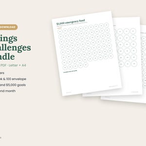 May include: A digital savings challenge bundle featuring printable PDF trackers for $1,000 and $5,000 goals, 52-week and 100-envelope challenges, and a no-spend month tracker. The documents display rows of circles for tracking progress toward financial goals.