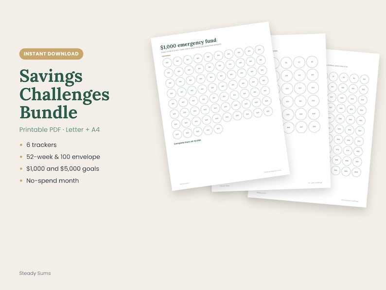 May include: A digital savings challenge bundle featuring printable PDF trackers for $1,000 and $5,000 goals, 52-week and 100-envelope challenges, and a no-spend month tracker. The documents display rows of circles for tracking progress toward financial goals.