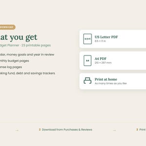 May include: A 2027 budget planner digital file set with 23 printable pages including a calendar, 12 monthly budget pages, 2 expense logs, and trackers. Includes US Letter 8.5 x 11 in and A4 210 x 297 mm PDF formats for home printing.