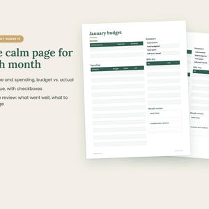 May include: A digital budget planner template featuring a January budget page with sections for income, spending, a summary, bills due with checkboxes, and a month review. The layout includes dark green headers and text on a white background.