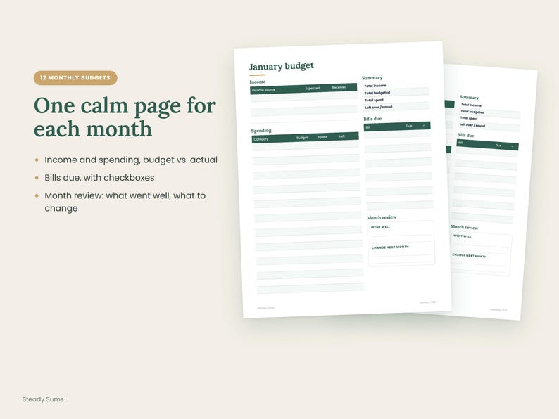 May include: A digital budget planner template featuring a January budget page with sections for income, spending, a summary, bills due with checkboxes, and a month review. The layout includes dark green headers and text on a white background.