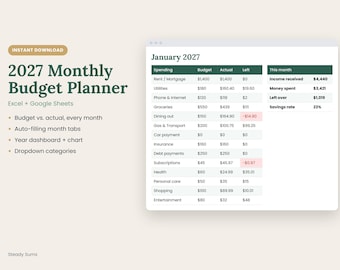 2027 Monthly Budget Planner Spreadsheet, Auto-Filling Expense Tracker (Digital Download)